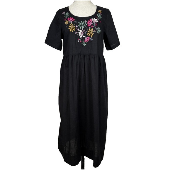 Gudrun Sjoden Dresses & Skirts - Gudrun Sjoden Dress Womens M Black Embroidered Floral Lagenlook Organic Cotton